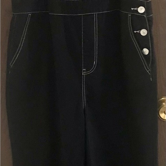 Wide Legged Black Overalls with Button Detail and White‎ Stitching - Picture 3 of 14